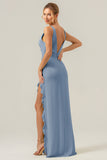 Royal Blue Sheath Deep V Neck Backless Long Bridesmaid Dress with Ruffle Slit