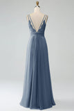 White A-Line Spaghetti Straps Pleated Chiffon Long Bridesmaid Dress