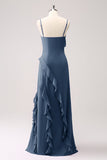 Tahiti Spaghetti Straps Chiffon Long Bridesmaid Dress with Ruffles