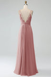 White A-Line Spaghetti Straps Pleated Chiffon Long Bridesmaid Dress