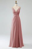 White A-Line Spaghetti Straps Pleated Chiffon Long Bridesmaid Dress