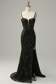 Mermaid Spaghetti Straps Black Sequins Long Ball Dress with Split Front