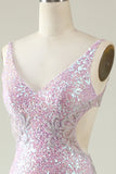 Lilac Sheath V Neck Sequins Long Ball Dress with Split Front