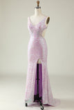 Lilac Sheath V Neck Sequins Long Ball Dress with Split Front
