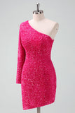 Sparkly Fuchsia One Shoulder Sequin Tight Short Homecoming Dress with Fringe