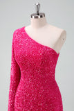 Sparkly Fuchsia One Shoulder Sequin Tight Short Homecoming Dress with Fringe