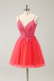 Cute Hot Pink A Line Spaghetti Straps Short Homecoming Dress with Appliques