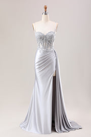 Silver Mermaid Pleated Sheer Long Corset Satin Ball Dress With Slit