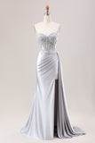 Silver Mermaid Pleated Sheer Long Corset Satin Ball Dress With Slit