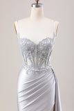 Silver Mermaid Pleated Sheer Long Corset Satin Ball Dress With Slit