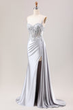 Silver Mermaid Pleated Sheer Long Corset Satin Ball Dress With Slit