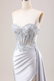 Silver Mermaid Pleated Sheer Long Corset Satin Ball Dress With Slit