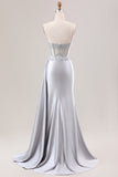 Silver Mermaid Pleated Sheer Long Corset Satin Ball Dress With Slit