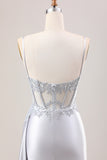 Silver Mermaid Pleated Sheer Long Corset Satin Ball Dress With Slit