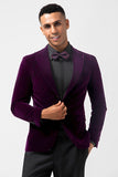 Dark Purple Peak Lapel One Button Velvet Men's Blazer