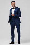 Dark Blue 3 Piece Peak Lapel Jacquard One Button Men's Prom Suits