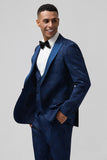 Black 3 Piece Peak Lapel Jacquard One Button Men's Prom Suits