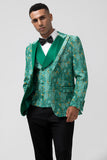 Green Peak Lapel  3 Piece Jacquard One Button Men's Prom Suits