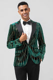 Dark Green Peak Lapel Jacquard One Button Velvet Stripe Men's Prom Blazer