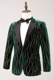 Dark Green Jacquard Peak Lapel One Button Velvet Stripe Men's Blazer