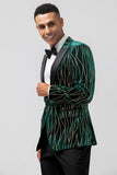 Dark Green Peak Lapel Jacquard One Button Velvet Stripe Men's Prom Blazer