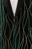 Dark Green Jacquard Peak Lapel One Button Velvet Stripe Men's Blazer