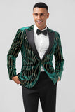 Dark Green Peak Lapel Jacquard One Button Velvet Stripe Men's Prom Blazer