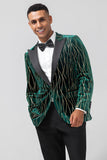 Dark Green Jacquard Peak Lapel One Button Velvet Stripe Men's Blazer