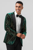 Dark Green Peak Lapel Jacquard One Button Velvet Stripe Men's Prom Blazer