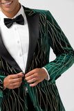 Dark Green Peak Lapel Jacquard One Button Velvet Stripe Men's Prom Blazer