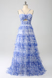 Blue Printed A Line Tiered Hollow-out Long Ball Dress