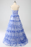 Blue Printed A Line Tiered Hollow-out Long Ball Dress