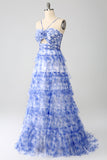 Blue Printed A Line Tiered Hollow-out Long Ball Dress