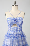 Blue Printed A Line Tiered Hollow-out Long Prom Dress