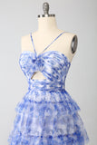 Blue Printed A Line Tiered Hollow-out Long Ball Dress