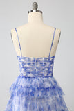 Blue Printed A Line Tiered Hollow-out Long Prom Dress