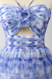 Blue Printed A Line Tiered Hollow-out Long Ball Dress