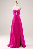 Fuchsia A Line Sweetheart Pleated Keyhole Long Ball Dress With Slit