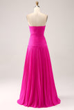 Fuchsia A Line Sweetheart Pleated Keyhole Long Ball Dress With Slit