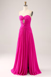 Fuchsia A Line Sweetheart Pleated Keyhole Long Ball Dress With Slit