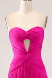 Fuchsia A Line Sweetheart Pleated Keyhole Long Ball Dress With Slit