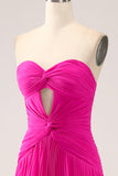 Fuchsia A Line Sweetheart Pleated Keyhole Long Ball Dress With Slit