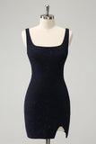 Sparkly Bodycon Square Neck Mini Dark Blue Homecoming Dress With Slit