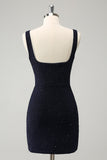 Sparkly Bodycon Square Neck Mini Dark Blue Homecoming Dress With Slit