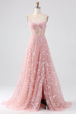 A Line Blush Spaghetti Straps Sequin Corset Prom Dress With Slit