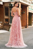 A Line Blush Spaghetti Straps Sequin Corset Prom Dress With Slit