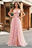 A Line Blush Spaghetti Straps Sequin Corset Prom Dress With Slit