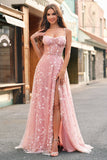 A Line Blush Spaghetti Straps Sequin Corset Prom Dress With Slit