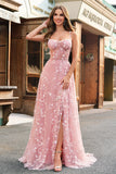 A Line Blush Spaghetti Straps Sequin Corset Prom Dress With Slit