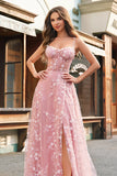 A Line Blush Spaghetti Straps Sequin Corset Prom Dress With Slit